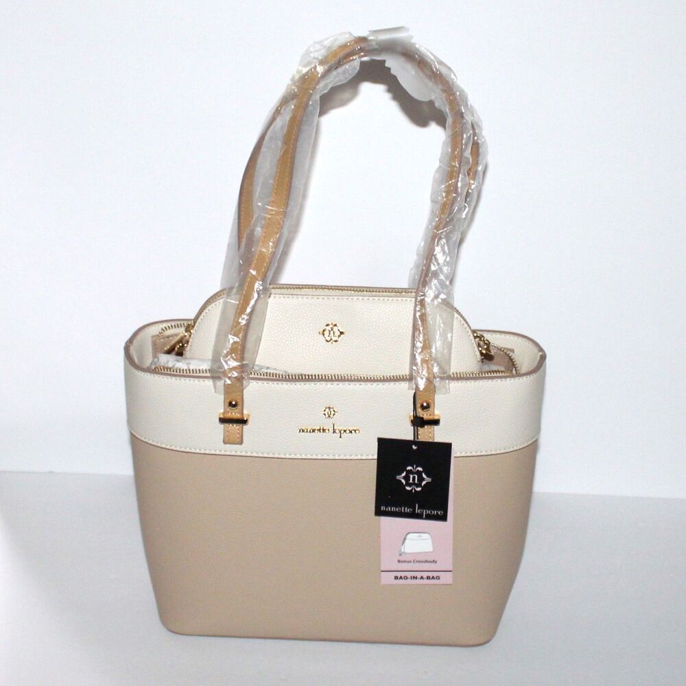 Nanette Lepore Sabine colorblock Tote Bag & Pouch crossbody NEW oatmeal cream